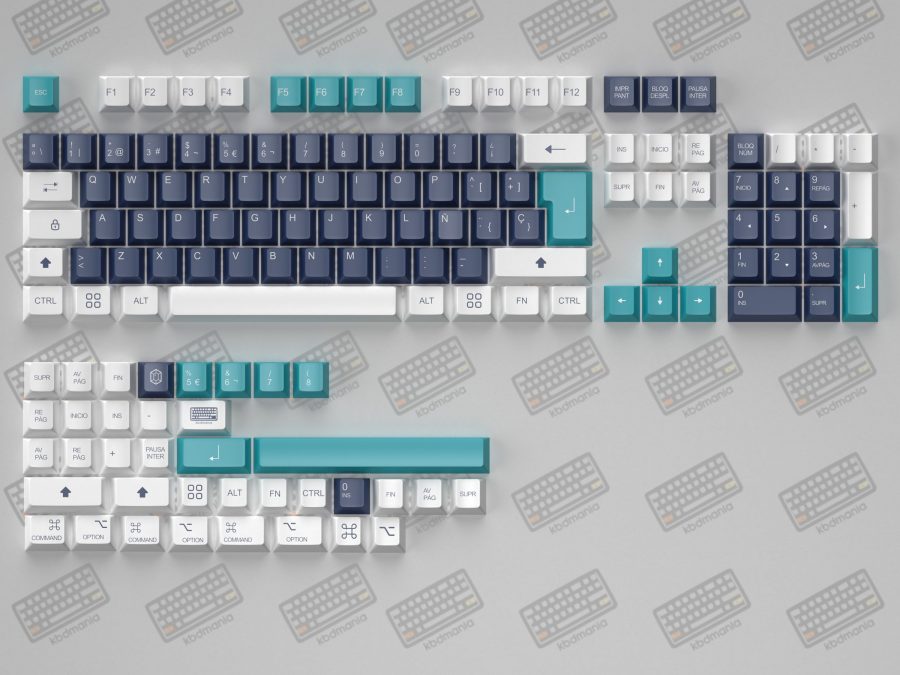 Render del set de keycaps ISO español EMERALD 2.0 de kbdmania, hecho en PBT e impreso en deep dye sub, compatible con Mac y PC, ISO y ANSI español, colores vivos y alegres.