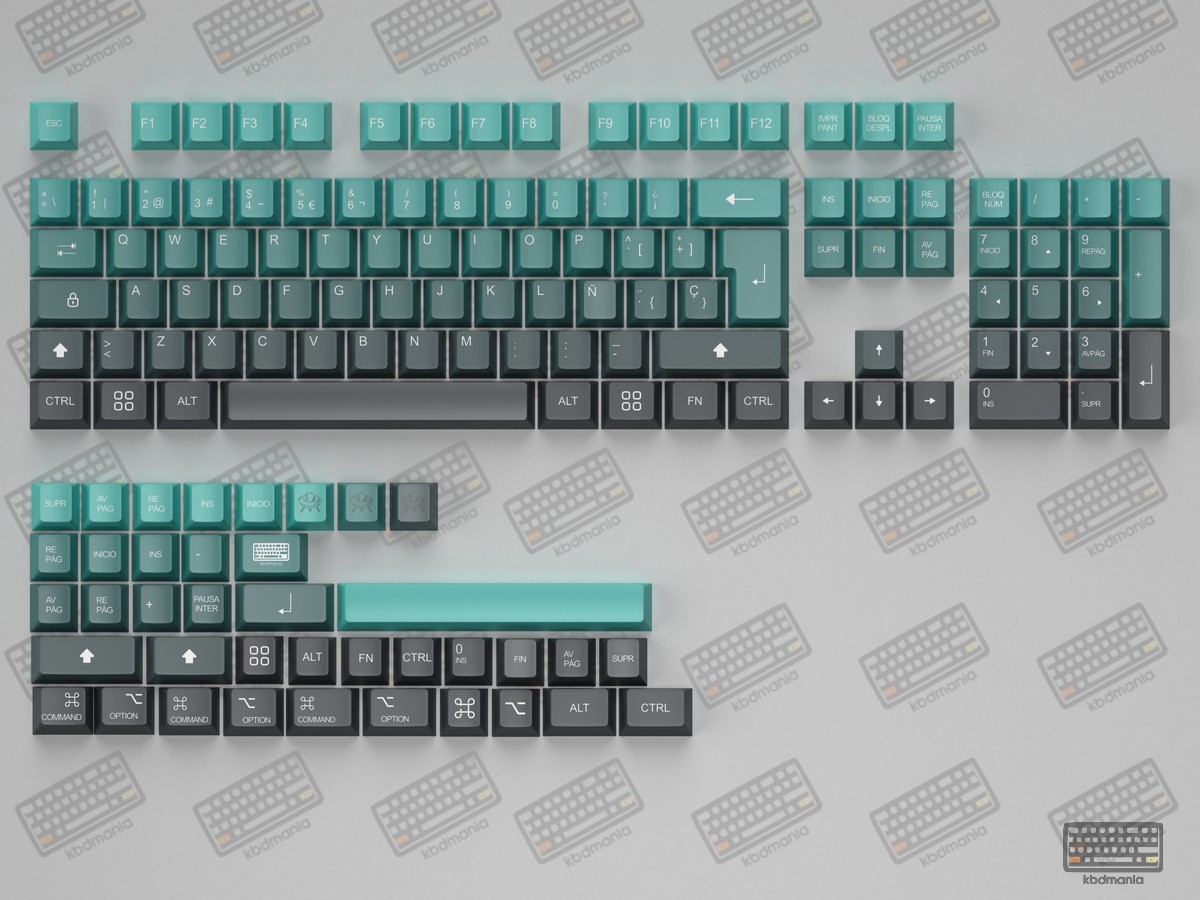 Render del set de keycaps UFO 2.0 de kbdmania, degradados verdes inspirados en el espacio, PBT deep dye sub, ISO Español y ANSI.