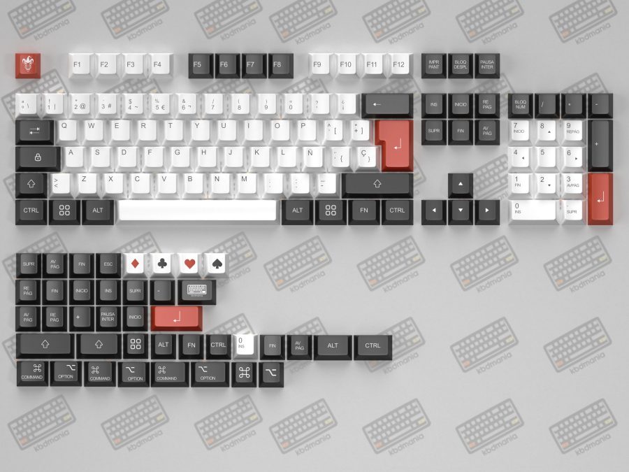 Render del set de keycaps JOKER de kbdmania, hecho en PBT, deep dye sub, compatible Mac y PC, ISO Español y ANSI, inspirado en Joker y Poker.