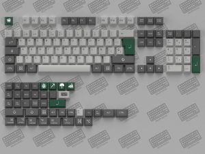 Render del set de keycaps CARBON de kbdmania, hecho en PBT e impreso en deep dye sub, compatible Mac y PC, ISO y ANSI español, colores sobrios y naturales.