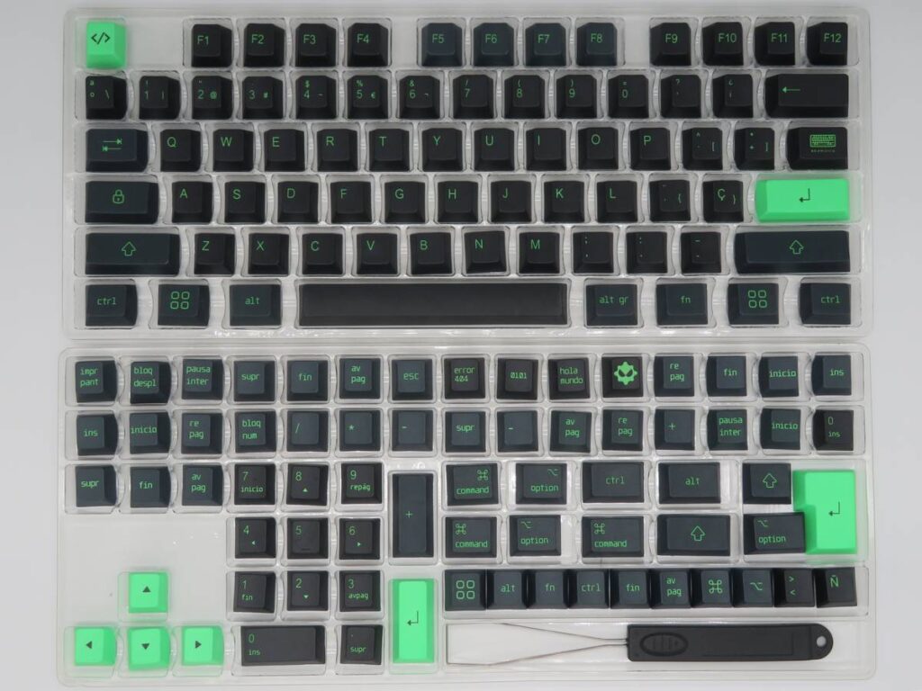 Set de 145 teclas de NEO 2.0 en colores negro y verde neón, sobre 2 bandejas. Perfil Cherry.
