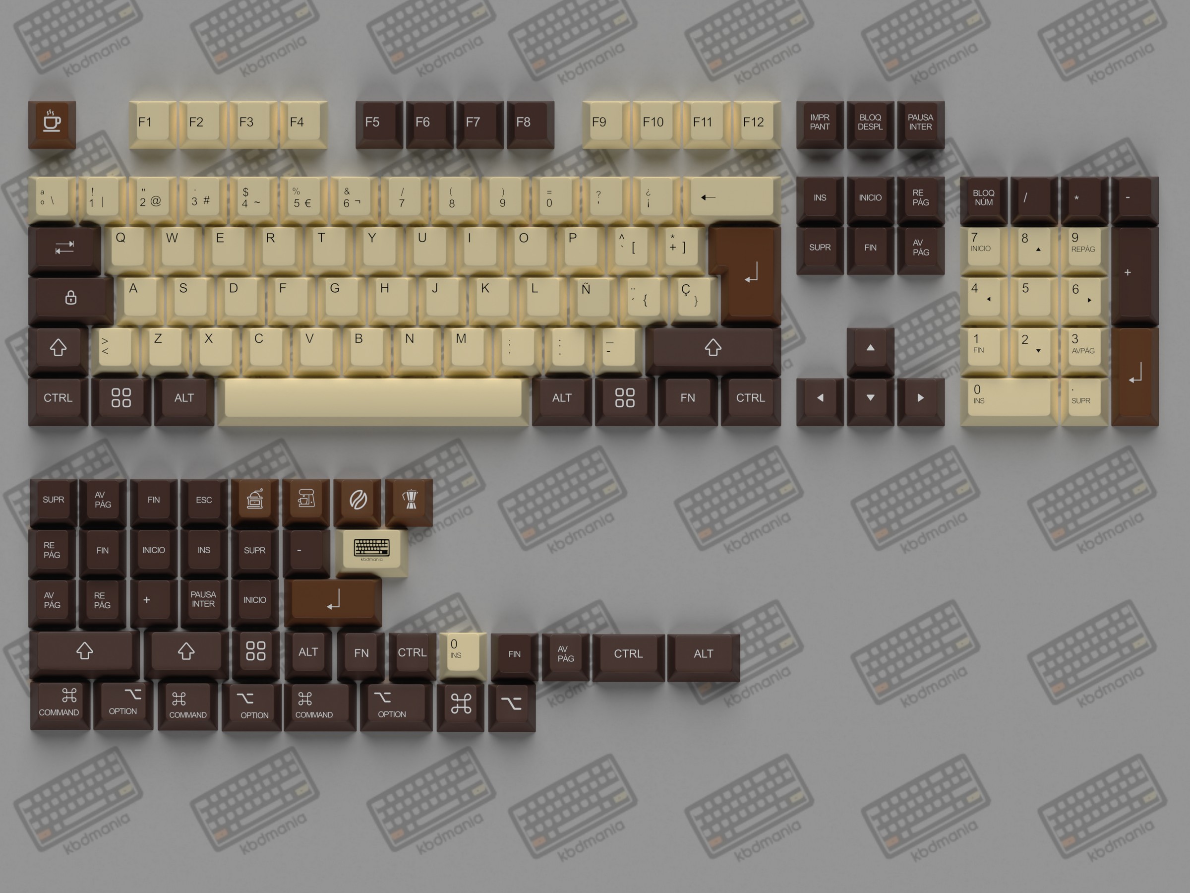 Render del set de keycaps MILK COFFEE de kbdmania, hecho en PBT e impreso en deep dye sub, compatible Mac y PC, ISO Español y ANSI, tonos café y cremas.