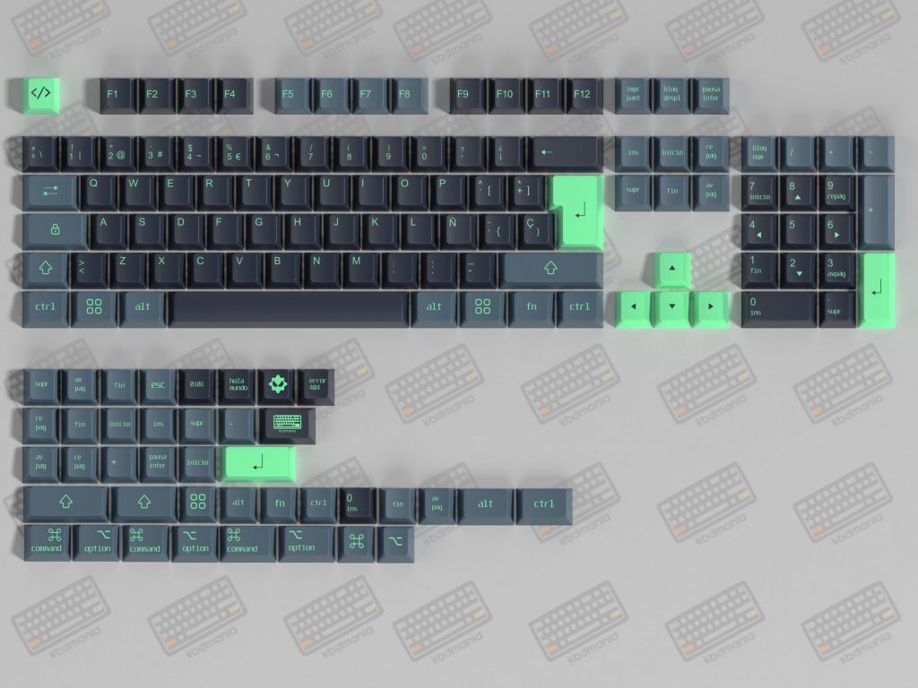 Render del set de keycaps NEO 2.0 de kbdmania, hecho en PBT, deep dye sub, ISO Español y ANSI, negro y verde Matrix con motivos de código.
