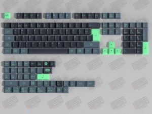 Render del set de keycaps NEO 2.0 de kbdmania, hecho en PBT, deep dye sub, ISO Español y ANSI, negro y verde Matrix con motivos de código.