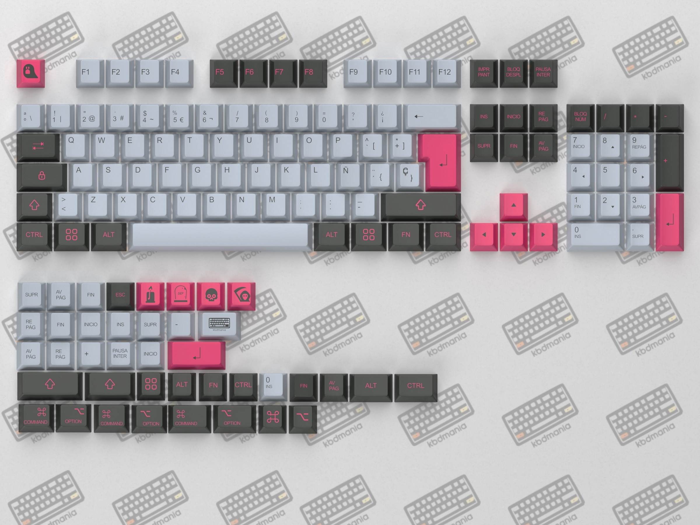 Render del set de keycaps PHANTOM 2.0 de kbdmania, hecho en PBT, deep dye sub, ISO Español y ANSI, gris carbón y rosa fuerte con diseño oscuro y terrorífico.