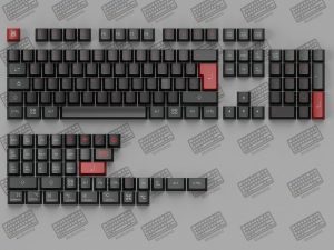 Render del set de keycaps RONIN, negros y rojos, diseño inspirado en guerreros samurái sin amo, PBT deep dye sub, ISO Español y ANSI.