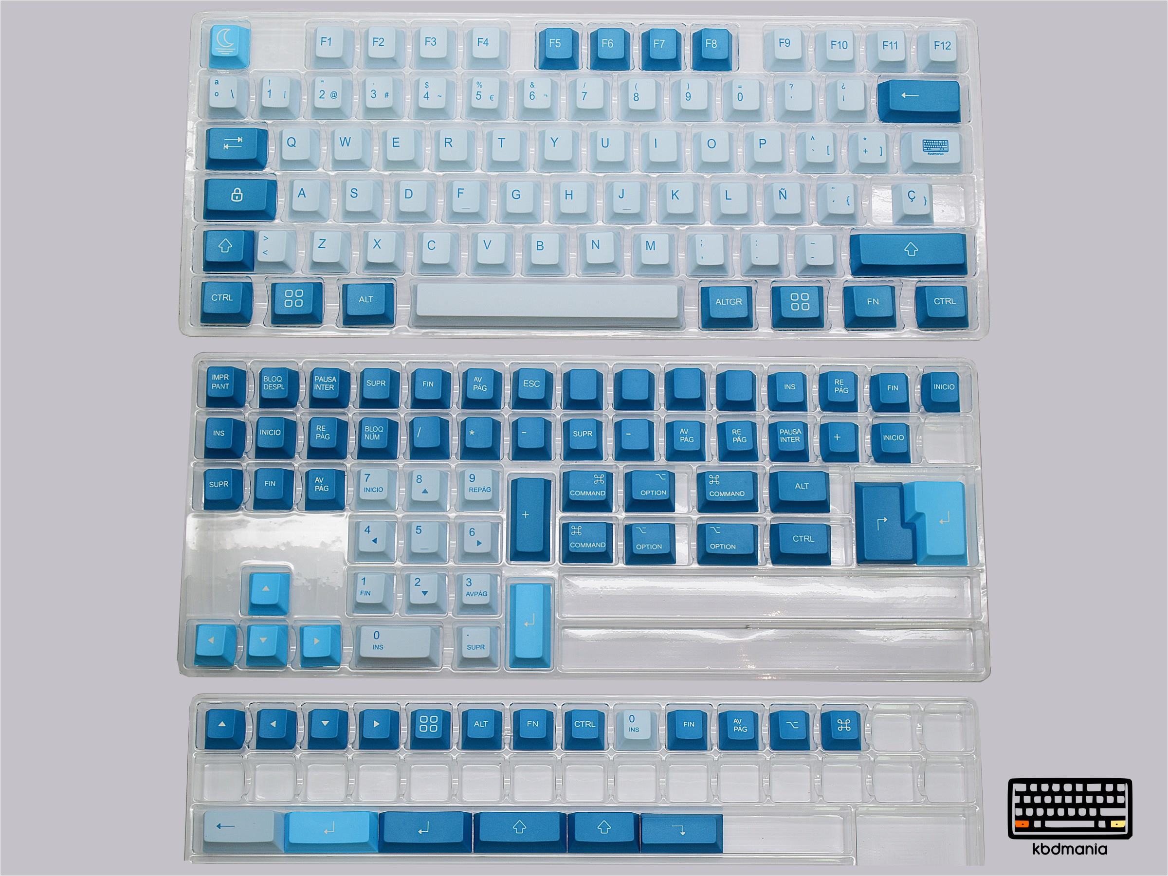 Set de keycaps MOONLIGHT de kbdmania, primera muestra de fabricación validada dispuestas en bandejas
