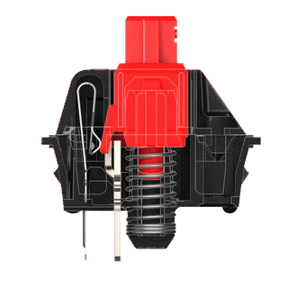 Switch mecánico, gif. Stem rojo, bottom y top negro. Corte perpendicular.