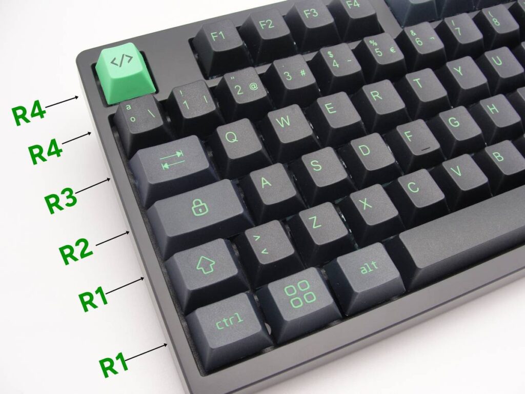 Set de keycaps español en colores negro y verde sobre un teclado negro ISO-TKL.