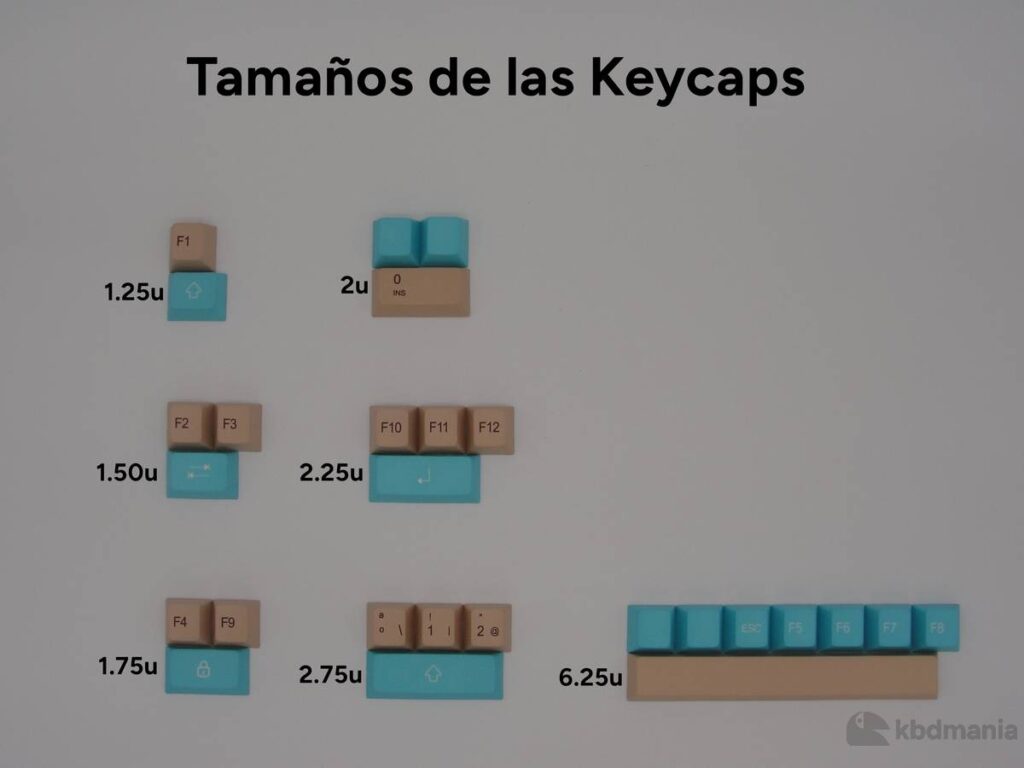 Keycaps español colores celeste, tostado. Comaparando tamaños de teclas.